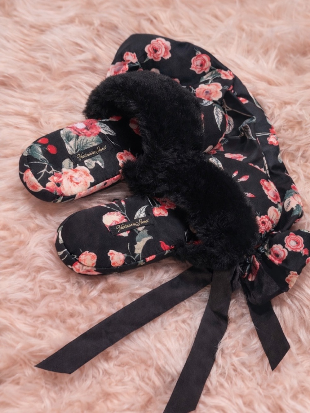 Victoria's Secret Black Floral Fuzzy Slide Slippers with Pink Roses - Kids